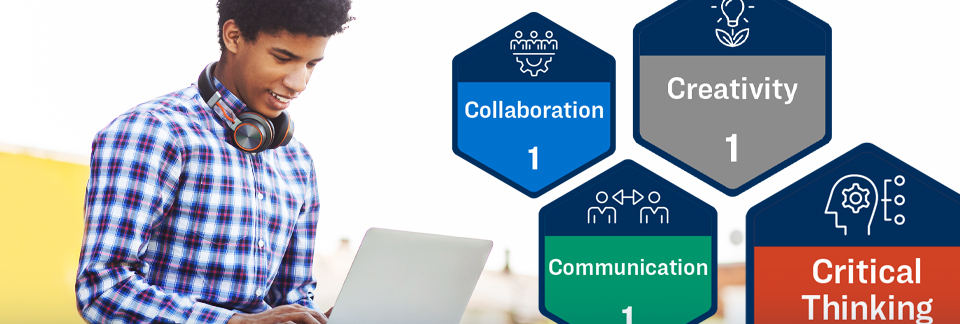 Collage of a male student with four badges