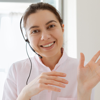 female wearing communications headset